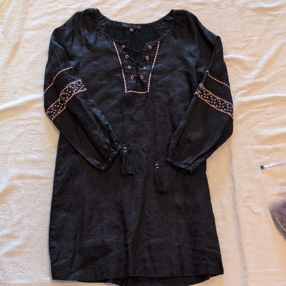 Sanctuary Black Linen Midi Dress with Pink Embroidery